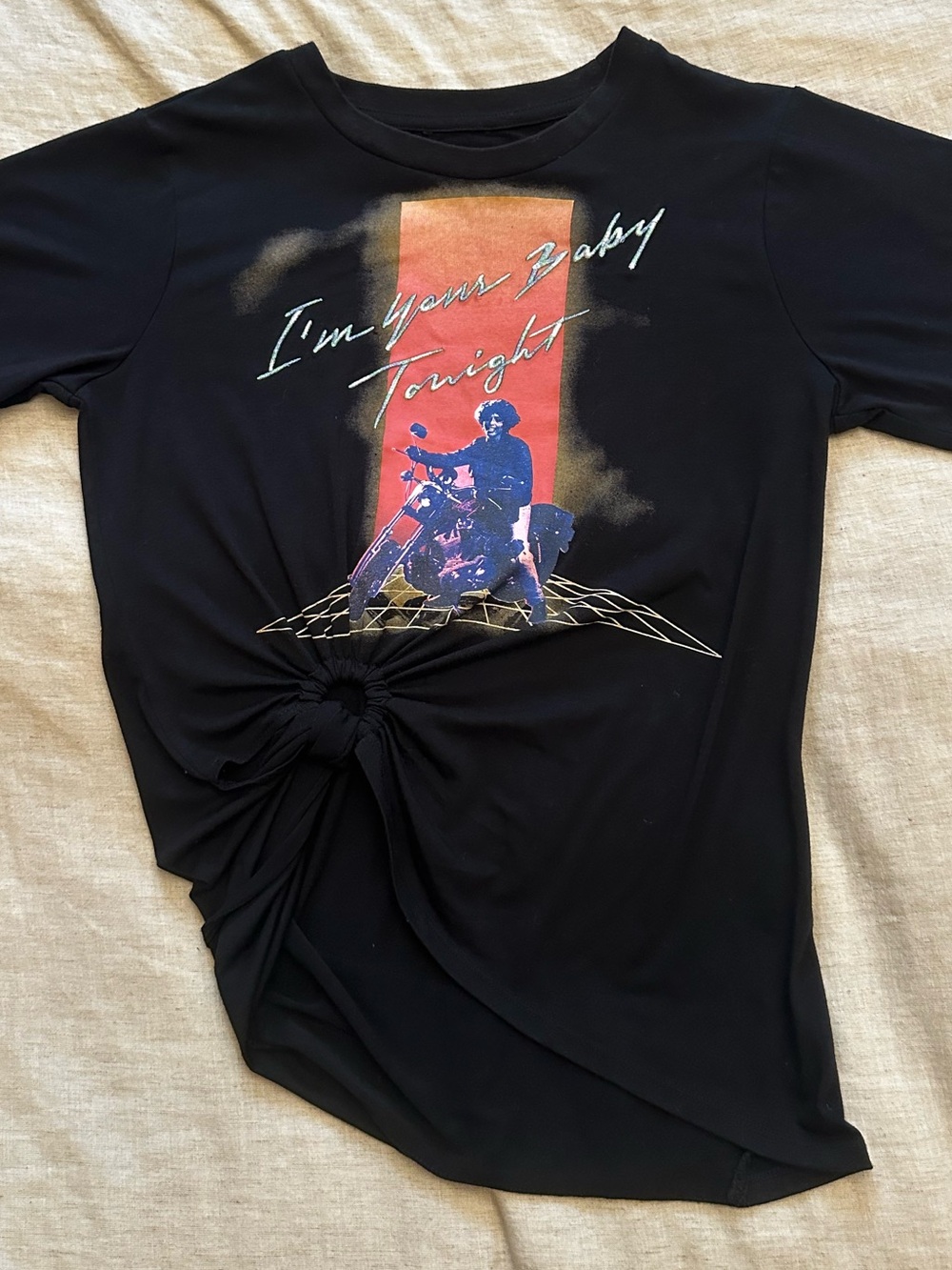 NWOT Whitney Houston Official I’m Your Baby Tonight Black Graphic Knot-Front Tee